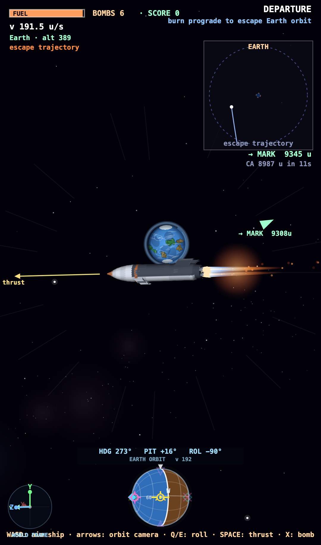 Real gameplay: the ship burning prograde past Earth in THE TRANSIT